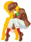  1girl bangs between_legs blonde_hair blush brown_coat brown_footwear brown_headwear cagalli_yula_athha closed_mouth coat full_body green_neckwear gundam gundam_seed hair_between_eyes hand_between_legs hat interlocked_fingers invisible_chair leaning_forward loafers long_sleeves maccha_(jam513) medium_hair orange_eyes pants red_legwear shoes sitting smile socks solo two-tone_background white_background white_pants yellow_background 