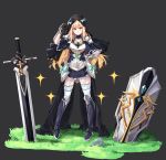  &gt;:( 1girl absurdres armor armored_boots blonde_hair boots collarbone commentary_request cross cross_necklace faulds frown garter_straps gauntlets grass grey_background hand_on_hip highres jewelry kiwoseo_meogneundas korean_commentary long_hair necklace nun original planted planted_sword planted_weapon shield solo sword thigh-highs thorns vambraces veil weapon yellow_eyes 