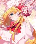  1girl ametama_(runarunaruta5656) bangs blonde_hair blue_eyes blush bow bowtie capelet check_commentary cherry_blossoms closed_mouth collar commentary_request earrings fairy_wings floating_hair flower_earrings hair_between_eyes hand_up highres jewelry lily_white long_hair long_sleeves looking_at_viewer one_eye_covered partial_commentary petals red_bow red_neckwear solo touhou transparent_wings upper_body white_headwear wide_sleeves wings 