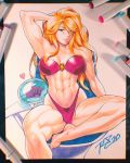  1girl abs alternate_costume armpits bare_shoulders barefoot bikini breasts chair commentary english_commentary hand_in_hair heart highleg highleg_bikini highres justin_bailey leg_up lips long_hair marker_(medium) medium_breasts metroid metroid_(classic) metroid_(creature) mole mole_under_mouth muscle muscular_female navel nose photo pink_bikini robert_porter samus_aran sitting solo strapless strapless_bikini swimsuit thick_thighs thighs toes traditional_media 