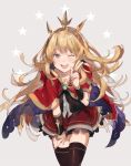  1girl :d black_legwear blonde_hair blush bracer cagliostro_(granblue_fantasy) capelet cowboy_shot granblue_fantasy grey_background hand_up leaning leaning_forward long_hair looking_at_viewer one_eye_closed open_mouth red_capelet red_skirt skirt smile solo standing star_(symbol) thigh-highs tiara violet_eyes w waltz_(tram) 