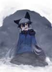  1girl animal_ears black_footwear black_fur black_gloves black_hair black_legwear black_neckwear black_skirt blue_jacket blush bow bowtie breath commentary eyebrows_visible_through_hair fox_ears fox_girl fox_tail fur_trim gloves grey_hair highres igloo isobee jacket kemono_friends long_hair long_sleeves looking_at_viewer mary_janes multicolored_hair necktie pantyhose pleated_skirt shoes silver_fox_(kemono_friends) silver_hair sitting skirt snow snow_shelter solo tail yellow_eyes 