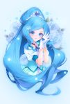  1girl 2020 aoi_itou blue_background blue_eyes blue_flower blue_hair blue_neckwear blue_rose blue_theme blue_vest choker closed_mouth cure_fontaine floral_background flower gloves hair_ornament hands_together healin&#039;_good_precure heart heart_hair_ornament highres long_hair looking_at_viewer magical_girl ponytail precure rose sawaizumi_chiyu signature simple_background skirt smile solo upper_body vest white_gloves white_skirt 