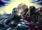  1boy 1girl arm_around_waist black_gloves black_hairband blonde_hair cape clouds corrin_(fire_emblem) corrin_(fire_emblem)_(female) couple diadem eye_contact fire_emblem fire_emblem_fates gloves hairband hetero holding_hands imminent_kiss long_hair looking_at_another pointy_ears red_cape red_eyes shinmanawa shiny shiny_hair silver_hair very_long_hair xander_(fire_emblem) yellow_eyes 