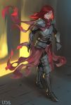  1girl absurdres armor artist_name breastplate brick_floor commentary commission english_commentary full_body gauntlets greaves highres less long_hair looking_at_viewer orange_eyes original pants parted_lips pauldrons red_scarf redhead scarf shoulder_armor smile solo waist_cape walking 