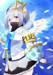  1girl absurdres amane_kanata angel_wings appo_(36786257) armband blue_background blue_ribbon blush hair_ornament highres hololive looking_at_viewer ribbon solo violet_eyes virtual_youtuber wings 