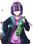  1girl alternate_costume blush_stickers bob_cut bottle casual choker fang fate/grand_order fate_(series) haura_akitoshi horns oni oni_horns purple_hair sake_bottle short_hair shuten_douji_(fate/grand_order) smile solo thick_eyebrows violet_eyes 