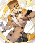  1girl absurdly_long_hair armband blonde_hair blue_eyes buttons capelet coat fingerless_gloves fur_hat gloves guilty_gear guilty_gear_strive hat high_collar highres license_plate long_hair millia_rage simple_background solo uncle_rabbit_ii ushanka very_long_hair white_background 
