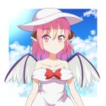  1girl animal_ears bangs bare_shoulders bird_wings blue_sky bow breasts cato_(monocatienus) clouds collarbone commentary_request dress eyebrows_visible_through_hair hair_between_eyes hat looking_at_viewer medium_breasts medium_hair mystia_lorelei pink_eyes pink_hair red_bow sky smile solo strapless strapless_dress sun_hat touhou white_dress white_headwear wings 