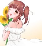  1girl back bare_shoulders blush bow dress facing_away flower frilled_dress frills gradient gradient_background hair_bow holding holding_flower idolmaster idolmaster_cinderella_girls idolmaster_cinderella_girls_starlight_stage looking_at_viewer nagi_7g ogata_chieri one_eye_closed open_mouth orange_eyes redhead sidelocks solo spaghetti_strap sundress sunflower twintails white_bow 