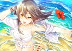  1girl absurdres beach bikini breasts collarbone flower frilled_bikini frills from_above grey_hair haruna_(kantai_collection) highres kantai_collection kyougoku_touya long_hair medium_breasts navel one_eye_closed open_clothes open_mouth open_shirt red_flower shirt smile solo swimsuit water white_bikini white_shirt 