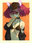  1girl bikini black_bikini black_jacket choker collarbone earphones earphones eyebrows_visible_through_hair hat jacket looking_at_viewer mgg_(x_arte) navel original pink_hair round_eyewear short_hair short_twintails solo sunglasses swimsuit twintails upper_body 