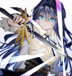  1girl arknights astesia_(arknights) belt blue_eyes blue_hair dress earrings fingernails glowing glowing_sword glowing_weapon highres holding holding_sword holding_weapon jewelry long_hair mitsusaka_mitsumi sword weapon 