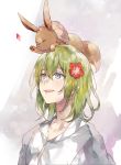  1boy alternate_hair_length alternate_hairstyle blue_eyes crossover eevee enkidu_(fate/strange_fake) fate/grand_order fate_(series) flower gen_1_pokemon green_hair hair_flower hair_ornament on_head petals pokemon pokemon_(creature) pokemon_on_head red_flower short_hair smile solo waltz_(tram) white_robe 