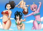  4girls absurdres ashido_mina asui_tsuyu bikini blue_sky boku_no_hero_academia breasts echo_saber floating highres medium_breasts multiple_girls partially_submerged sky smile summer swimsuit uraraka_ochako v yaoyorozu_momo 