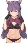  1girl animal_ears bangs black_bra black_gloves black_panties blush bra breasts capelet dog_ears extra_ears gloves kasumi_(princess_connect!) long_hair looking_at_viewer navel panties princess_connect! princess_connect!_re:dive purple_hair shiseki_hirame simple_background small_breasts smile underwear violet_eyes 