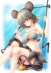  1girl :&lt; animal_ears bare_shoulders basket blue_background bra bra_peek breasts dowsing_rod grey_hair grey_skirt highres jewelry large_breasts looking_at_viewer midriff mouse mouse_ears mouse_tail nazrin osashin_(osada) pendant red_eyes short_hair skirt solo tail touhou underwear 