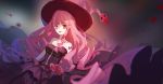  1girl bangs black_dress blurry_foreground breasts collarbone dress dywx_poison hat long_hair medium_breasts one_piece perona pink_hair pink_headwear red_eyes red_lips sleeveless sleeveless_dress solo strapless strapless_dress very_long_hair witch_hat 