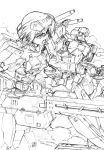  1girl commentary_request dust_cloud frame_arms frame_arms_girl gourai gourai_(frame_arms) greyscale gun headgear highres kumichou_(ef65-1118-ef81-95) looking_away mecha mecha_musume monochrome rifle short_hair shoulder_cannon sketch traditional_media weapon 
