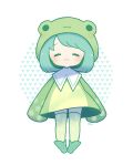  1girl :3 =_= animal_costume ankle_boots ayu_(mog) blush boots closed_eyes closed_mouth frog_costume green_footwear green_hair green_legwear hood hood_up long_sleeves original raincoat sleeves_past_fingers sleeves_past_wrists smile solo standing thigh-highs 
