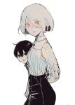  1boy 1girl arms_behind_back black_eyes black_hair hair_between_eyes height_difference highres open_mouth original puffy_sleeves short_hair simple_background sketch syokuuuuuuuuumura white_background white_hair yellow_eyes 