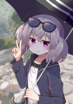 1girl :o absurdres blouse blurry blurry_background blush collarbone commentary eyewear_on_head forest grey_hair haemori_ako highres holding holding_umbrella jacket jitome looking_at_viewer nature open_clothes open_jacket open_mouth outdoors river slow_loop solo sunglasses umbrella v violet_eyes yoshinaga_koi 