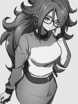  1girl alternate_costume android_21 belt blue_eyes closed_mouth dragon_ball dragon_ball_fighterz earrings glasses grey_background greyscale hair_between_eyes hoop_earrings jewelry kemachiku long_hair long_sleeves looking_at_viewer monochrome shirt simple_background solo 