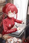  1girl alternate_costume bespectacled bookshelf breasts commentary_request drawing glasses heterochromia highres hololive houshou_marine looking_at_viewer nu_(naoyahirota61217010) open_mouth redhead solo surprised table virtual_youtuber window 