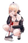  1girl apron arm_rest artoria_pendragon_(all) artoria_pendragon_(swimsuit_rider_alter) bangs bare_shoulders bikini black_bikini black_footwear black_jacket blonde_hair blush breasts broom collarbone commentary_request fate/grand_order fate_(series) frilled_bikini frills full_body green_eyes hair_ribbon hand_on_own_chin highres holding jacket large_breasts long_hair long_sleeves looking_at_viewer maid_apron medium_breasts neck_ribbon off-shoulder_jacket ribbon shoes short_hair simple_background solo squatting suigetsu_(hjs1106) swimsuit tongue tongue_out white_background 