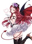  1girl bare_shoulders bat_wings black_bow black_legwear bow breasts epis flower gloves heart heart_tail high_heels king&#039;s_raid large_breasts long_hair mieux0_0 red_eyes redhead simple_background smile solo tail thigh-highs white_background wings 