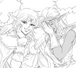  2girls bb_(baalbuddy) blank_speech_bubble breastplate cape circlet commentary dark_elf deedlit elf english_commentary exploitable greyscale hand_on_own_face highres laughing laughing_girls_(meme) long_hair looking_at_viewer meme monochrome multiple_girls pirotess pointy_ears record_of_lodoss_war shoulder_armor simple_background smile spaulders speech_bubble white_background 