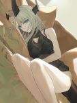  1girl aqua_eyes arknights bangs bare_arms bare_legs bare_shoulders black_bra bra commentary eyebrows_visible_through_hair feet_out_of_frame floral_print grey_hair hand_up highres horns koio lingerie long_hair looking_at_viewer lying on_side reed_(arknights) see-through solo thighs underwear 