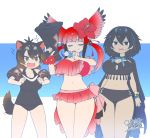  +++ 3girls =3 alternate_breast_size animal_ears bangs bikini bird_tail bird_wings black_eyes black_hair blue_hair blunt_bangs bow breasts brown_eyes brown_hair cape closed_eyes closed_mouth dated extra_ears eyebrows_visible_through_hair fangs flower greater_lophorina_(kemono_friends) hair_between_eyes hair_bobbles hair_flower hair_ornament hands_up head_wings highres holding_megaphone kemono_friends large_breasts long_hair looking_at_another medium_hair megaphone multicolored_hair multiple_girls navel open_mouth pinky_out redhead scarlet_ibis_(kemono_friends) school_swimsuit signature smug standing stomach swimsuit tail tasmanian_devil_(kemono_friends) tasmanian_devil_ears tasmanian_devil_tail thigh_gap twintails two-tone_hair v-shaped_eyebrows wings yoshida_hideyuki 
