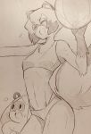  1girl 1other :d ^_^ animal_ears ball brand_new_animal breasts closed_eyes fur furry highres holding holding_ball jackie_(bna) kagemori_michiru medium_breasts mitsuba-sama_(milkba-ng) monochrome navel open_mouth raccoon_ears raccoon_girl raccoon_tail short_hair sketch smile sports_bra sportswear stomach sweat tail 