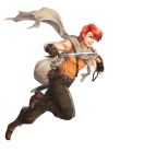  1boy bag belt boots dagger fingerless_gloves fire_emblem fire_emblem:_mystery_of_the_emblem fire_emblem_heroes full_body gloves highres julian_(fire_emblem) official_art open_mouth red_eyes redhead scarf solo teeth transparent_background weapon yamada_koutarou 