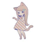  1girl animal_ears ayu_(mog) barefoot blush brown_hair cat_ears cat_tail closed_mouth dark_skin diagonal_stripes dress fish_hair_ornament full_body hair_ornament long_hair looking_at_viewer no_nose original paw_pose signature simple_background solo striped tail white_background 