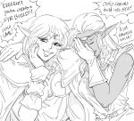  2girls bb_(baalbuddy) breastplate cape circlet commentary dark_elf deedlit elf english_commentary english_text greyscale hand_on_own_face highres laughing laughing_girls_(meme) long_hair looking_at_viewer meme monochrome multiple_girls pirotess pointy_ears record_of_lodoss_war shoulder_armor simple_background smile spaulders white_background 