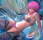  1girl ahe_(aheahe_gallery) beatmania bikini cat_ornament closed_mouth highres looking_at_viewer nyah pink_eyes pink_hair purple_swimsuit samba short_hair solo swimsuit 