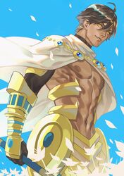  1boy ahoge armor bangs brown_hair cape dark_skin dark_skinned_male earrings fate_(series) highres iroha_(akei0710) jewelry looking_at_viewer male_focus ozymandias_(fate) petals shirtless shrug_(clothing) simple_background smile yellow_eyes 