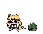  1girl :3 afei_(sfma3248) animal_ears barefoot black_eyes black_neckwear black_shorts blonde_hair cat_ears cat_tail chibi chinese_commentary commentary_request food fruit full_body girls_frontline hair_ornament hairclip highres holding_leash idw_(girls_frontline) leash leash_pull long_hair looking_to_the_side necktie shorts solid_circle_eyes solo tail twintails v-shaped_eyebrows walking watermelon 
