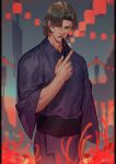  1boy brown_eyes brown_hair fan fan_to_mouth fate/stay_night fate_(series) festival folding_fan highres index_finger_raised iroha_(akei0710) japanese_clothes kimono kotomine_kirei looking_to_the_side male_focus upper_body 