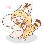  1girl =_= animal_ear_fluff animal_ears animal_print bow bowtie chibi closed_eyes elbow_gloves extra_ears facing_viewer food from_side full_body gloves heart inukoro_(spa) kemono_friends lowres marshmallow minigirl no_nose object_hug orange_hair print_bow print_gloves print_legwear print_neckwear print_skirt serval_(kemono_friends) serval_ears serval_print serval_tail short_hair simple_background skirt smile solo standing striped_tail tail white_background |3 