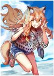  1girl animal_ears bag braid double_v fate/extra fate/extra_ccc fate/extra_ccc_fox_tail fate/grand_order fate_(series) fox_ears fox_tail grin handbag leg_up long_hair nail_polish red_nails sandals shorts smile suzuka_gozen_(fate) tail takenoko_seijin v 