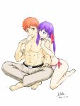  1boy 1girl 2015 arm_around_neck barefoot belt bikini bikini_bottom black_belt brown_eyes closed_mouth collarbone couple dated emiya_shirou fate/stay_night fate_(series) grey_pants hair_ribbon hetero highres indian_style kneeling long_hair matou_sakura no_pupils open_mouth orange_hair pants pink_ribbon purple_hair ribbon rna_(angel-smelter) shiny shiny_hair side-tie_bikini sitting smile soles spiky_hair swimsuit topless violet_eyes white_bikini 