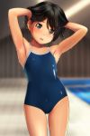  1girl absurdres armpits arms_up bare_arms bare_shoulders black_hair blue_swimsuit blurry blurry_background blush brown_eyes collarbone competition_school_swimsuit cowboy_shot depth_of_field hands_in_hair highres indoors looking_at_viewer matsunaga_kouyou nose_blush one-piece_swimsuit original parted_lips school_swimsuit solo standing swimsuit upper_teeth wet 