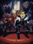  1boy 1girl armor blonde_hair blue_cape cape closed_mouth couch crown dagger dimitri_alexandre_blaiddyd edelgard_von_hresvelg eyepatch fake_horns fire_emblem fire_emblem:_three_houses fur_trim headpiece high_heels highres horns short_hair sitting toooh weapon white_hair 