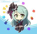  1girl aqua_background aqua_hair bang_dream! bangs black_legwear blush bow character_name collarbone commentary_request dress earrings electric_guitar eyebrows_visible_through_hair feathers floral_background flower food french_fries full_body green_eyes guitar hair_between_eyes hair_feathers hair_flower hair_ornament hand_on_hip hand_on_own_chest highres hikawa_sayo instrument jewelry layered_dress long_hair looking_at_viewer notice_lines ribbon short_sleeves sidelocks simple_background smile solo standing swept_bangs teen_(teen629) thigh-highs two-tone_dress white_background zettai_ryouiki 