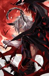  1boy animal animal_ears bat blue_eyes cape dark_skin dark_skinned_male erune eustace_(granblue_fantasy) granblue_fantasy hair_over_one_eye halloween male_focus moon red_moon vampire_costume waltz_(tram) white_hair 