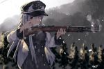  1girl absurdres bare_shoulders black_headwear blurry blurry_background bolt_action closed_mouth commentary depth_of_field dress english_commentary girls_frontline grey_dress grey_hair gun hat highres holding holding_gun holding_weapon jacket kar98k_(girls_frontline) long_hair long_sleeves looking_away mauser_98 object_namesake off_shoulder open_clothes open_jacket outdoors peaked_cap red_eyes reloading rifle signature sleeveless sleeveless_dress smoke smoking_gun snow snowing solo tegar32 very_long_hair weapon white_jacket 