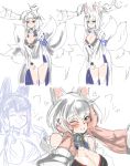  1boy 2girls akagi_(azur_lane) azur_lane blue_eyes blush_stickers breasts commander_(azur_lane) eyeliner face_squeeze fox_girl fox_tail hey_taishou highres kaga_(azur_lane) makeup medium_breasts multiple_girls multiple_tails one_eye_closed petting sketch smile tail white_hair 